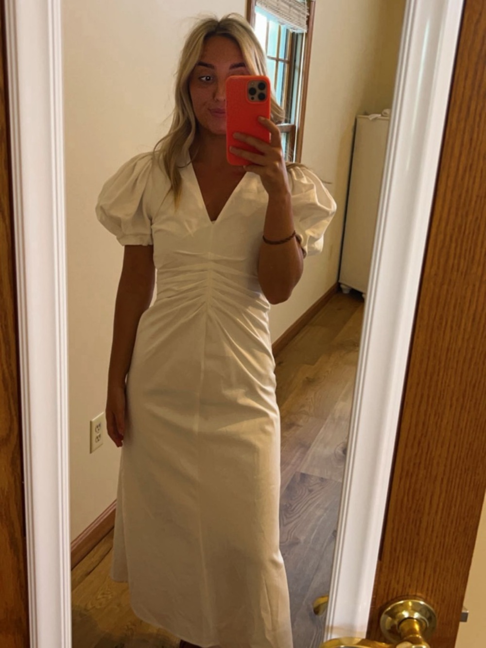 Zara Cream V-Neck Puff-Sleeve Midi Dress